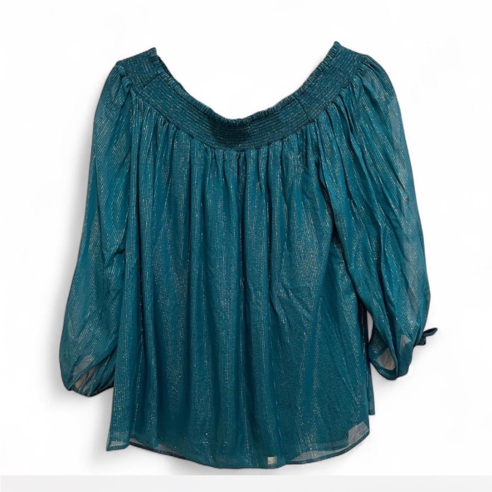 Lilly Pulitzer Maryellen Off-The-Shoulder Top Valencia Teal Metallic Stripe L